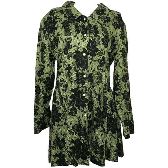 Vintage Green and Black Floral Long Sleeve Shirt Dress - Picture 1 of 3